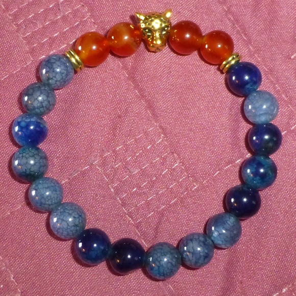 Gold Leopard Head Stone Bead Stretch Bracelet New - Picture 6 of 8